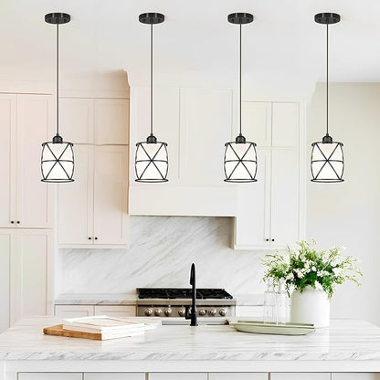 Modern Black Pendant Lights Kitchen Island 2 Pack, Farmhouse Frosted Glass Cylinder Pendant Light Fixture,Island Lights for Kitchen,Pendant Lighting for Home Decor - 5.51 Inch Shade 59.06 Inch Cord