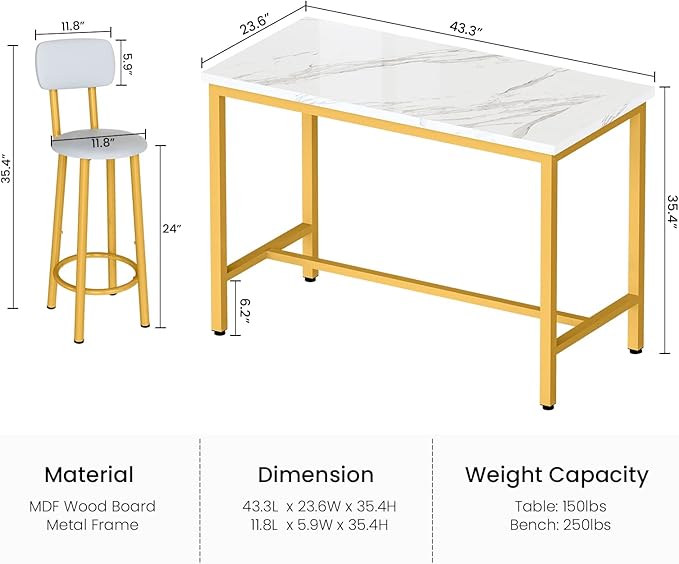 Lamerge Dining Table Set for 4 Bar Table and Chairs Set Faux Marble Counter Height Dining Table Set with 4 PU Upholstered Stools Kitchen Pub Table for Kitchen, Restaurant, Space Saving, Gold and White
