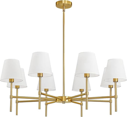 RUIYEY Dining Room Chandeliers Light - 8-Light Gold Modern Chandelier with Fabric Shade, Height Adjustable Mid Century Ceiling Lighting Fixture for Bedroom Kitchen Entryway Foyer