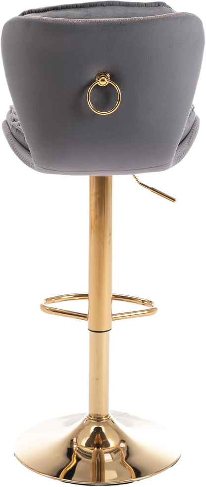 Rhomtree 24-33 Inch Swivel Bar Stools, Adjustable Counter Height Barstools, Velvet Tufted Back and Golden Footrest, Bar Chairs Kitchen Island, Cafe, Bar Counter, Dining Room, Coffee(Grey Set of 6)
