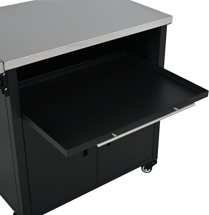 JIJIWANG 73.8" Outdoor Kitchen Island with Stainless Steel Top and Foldable Table, Kitchen Island with Trash and Spice Rack, BBQ Cart with Wheels for Backyard, Patio, Black