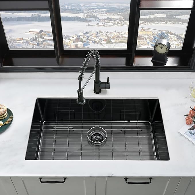 33 Inch Black Kitchen Sink and Faucet Combo Set-iAnomla 33x19 Undermount Sinks Black Stainless Steel Single Bowl Deep Kitchen Sink with Faucet Combo