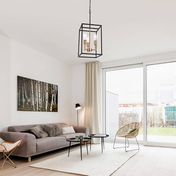 VINLUZ 3 Light Vintage Industrial Pendant Light, Lantern Cage Chandelier in Black and Brushed Brass Finish Classic Hanging Kitchen Lighting for Foyer Dining Room Kitchen Island, Bedroom