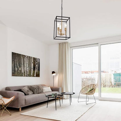 VINLUZ 3 Light Vintage Industrial Pendant Light, Lantern Cage Chandelier in Black and Brushed Brass Finish Classic Hanging Kitchen Lighting for Foyer Dining Room Kitchen Island, Bedroom