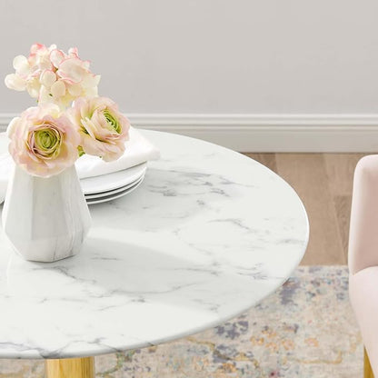 Modway Verne Round Artificial Marble 28" Dining Table in Gold White