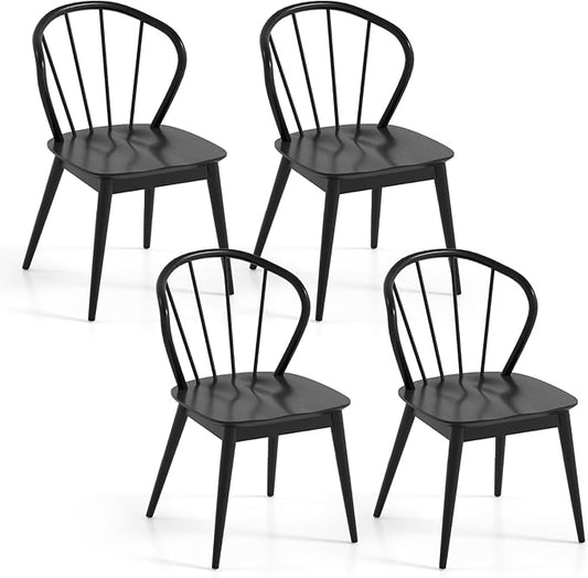 Giantex Wooden Dining Chairs Set of 4, Black Windsor Kitchen Chair w/High Spindle Back & Rubber Wood Legs, Wide Seat & Curved Backrest, Farmhouse Side Chairs, Armless Accent Chair for Home Restaurant