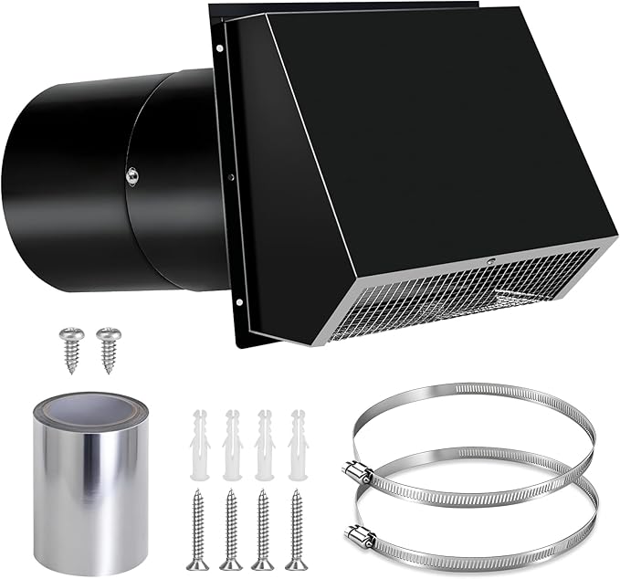 8 Inch Hooded Wall Vent with Screen and Damper, 8 Inch Range Hood Wall Vent Cap, Wall Exhaust Vent Cover, Outdoor Hooded Wall Vent for Dryer Vent, Range Hood, Kitchen, Black
