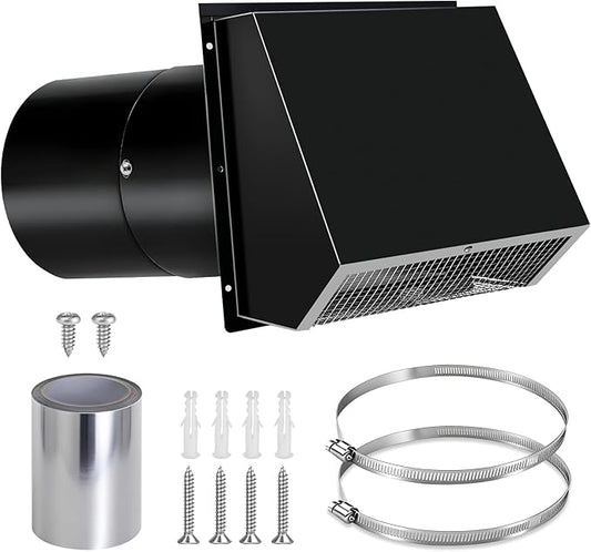 8 Inch Hooded Wall Vent with Screen and Damper, 8 Inch Range Hood Wall Vent Cap, Wall Exhaust Vent Cover, Outdoor Hooded Wall Vent for Dryer Vent, Range Hood, Kitchen, Black