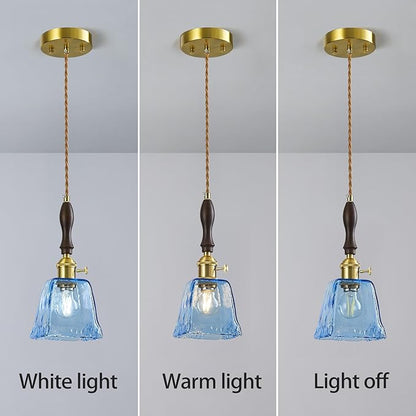 Blue Glass Vintage Pendant Light Height Adjustable Handmade Glass Pendant Lights Kitchen Island Gold Hanging Light Fixture with Wood Handle for Bedroom Dining Room Hotel (2 Pack)