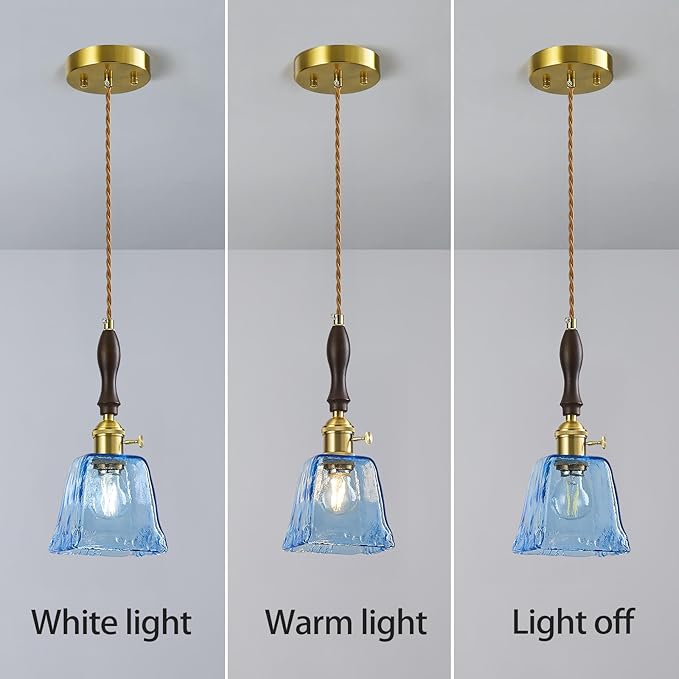 Blue Glass Vintage Pendant Light Height Adjustable Handmade Glass Pendant Lights Kitchen Island Gold Hanging Light Fixture with Wood Handle for Bedroom Dining Room Hotel (3 Pack)