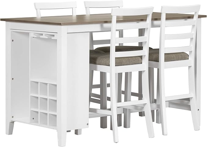 Farmhouse 5-Piece Counter Height Dining Table Set, Solid Wood Dining Room Table with 4 Padded Chairs (Brown+Whitewash) with Wine Storage Shelf