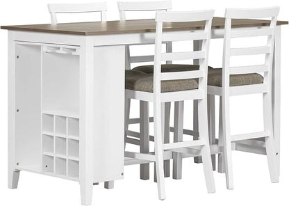 Farmhouse 5-Piece Counter Height Dining Table Set, Solid Wood Dining Room Table with 4 Padded Chairs (Brown+Whitewash) with Wine Storage Shelf