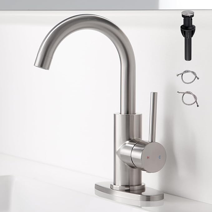Brushed Nickel Bathroom Faucet - Single Hole Waterfall Bathroom Sink Faucet with Drain Assembly, 360° Swivel Spout Vanity Faucet Single Handle Lavatory Sink Faucet