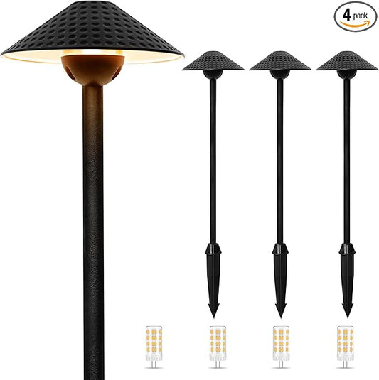 Gardencoin Low Voltage Pathway Lights (6.69'' Shade, 21.54'' Tall) 12V Outdoor LED Landscape Pathway Lighting Aluminum Vintage Hammered Path Lights with 4W 2700K Replaceable Bulb, 4 Pack