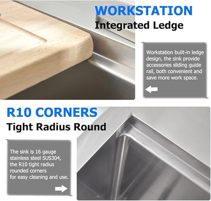 33x22 Drop in Kitchen Sink, Single Bowl Ledge Workstation 16 Gauge Stainless Steel Kitchen Sink Top Mount 2 Holes 10 Inch Deep (33"x22"10")