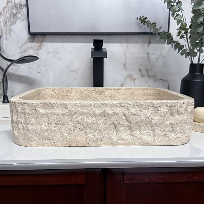 Shades of Nature Rectangular Travertine Vessel Sink, Natural Stone Wash Basin, Hand-Carved Bathroom Sink, Chiseled Exterior, Polished Interior, Above Counter Vanity (Soap Tray Included)