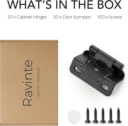 Ravinte 20 Pack 10 Pairs Semi-Overlay 1/2 inch Self-Closing Face Frame Cabinet Hinges Matte Black Half Wrap-Around Kitchen Cabinet Door Hinges Face Mount Cabinet Hardware