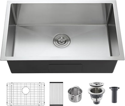 28 Inch Undermount Kitchen Sink, 18 Gauge 304 Stainless Steel Single Bowl with Bottom Grid & Roll-Up Drying Rack, Deep 9” Basin for Kitchen & Laundry (28”x18”x9”)