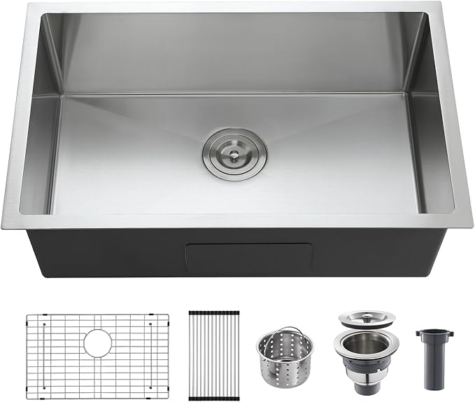 25 Inch Undermount Kitchen Sink, 304 Stainless Steel Single Bowl with Bottom Grid & Roll-Up Drying Rack, 9" Deep Handmade Utility Sink for Kitchen Laundry RV Outdoor (25"x18"x9")