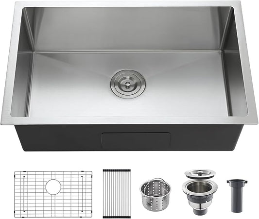 25 Inch Undermount Kitchen Sink, 304 Stainless Steel Single Bowl with Bottom Grid & Roll-Up Drying Rack, 9" Deep Handmade Utility Sink for Kitchen Laundry RV Outdoor (25"x18"x9")