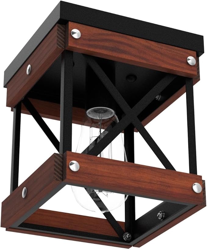 Fivess Lighting Rustic Farmhouse Flush Mount Ceiling Light 1-Light Metal and Wood Cage Mini Semi Flush Mount Light Fixture for Hallway Kitchen Entryway, Black