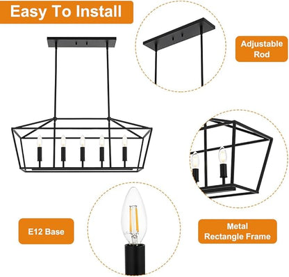 VINLUZ Farmhouse Kitchen Island Light,E12 5-Light Matte Black Finish Rustic Dining Room Chandelier Hanging Pendant Lighting Fixture Ceiling Light for Living Room Foyer Bedroom