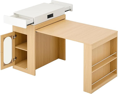 Extendable Dining Table with Folding Tabletop, Bar Table with Drawers and Power Outlet, Kitchen Island with Wheels and Hooks for Kitchen, Dining Room, Natural+Creamy White