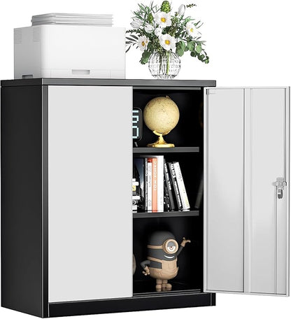 INTERGREAT Metal Garage Storage Cabinet, 36" Locking Counter Cabinet with 2 Locking Doors and 2 Adjustable Shelves, Small Steel Cabinet for for Home Office, Gym, School(Black Grey)