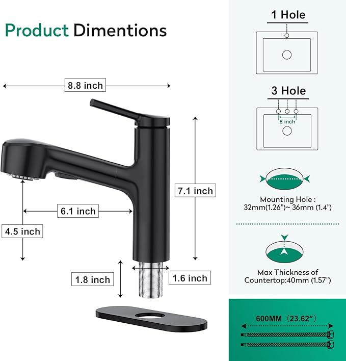 CREA Black Single Hole Bathroom Faucet 1 Handle Pull Out Bar Sink Faucets with Sprayer Handheld Bath Tub Faucet Baby Pets Laundry Toilet Vanity Basin Mixer Tap