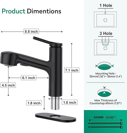 CREA Black Single Hole Bathroom Faucet 1 Handle Pull Out Bar Sink Faucets with Sprayer Handheld Bath Tub Faucet Baby Pets Laundry Toilet Vanity Basin Mixer Tap