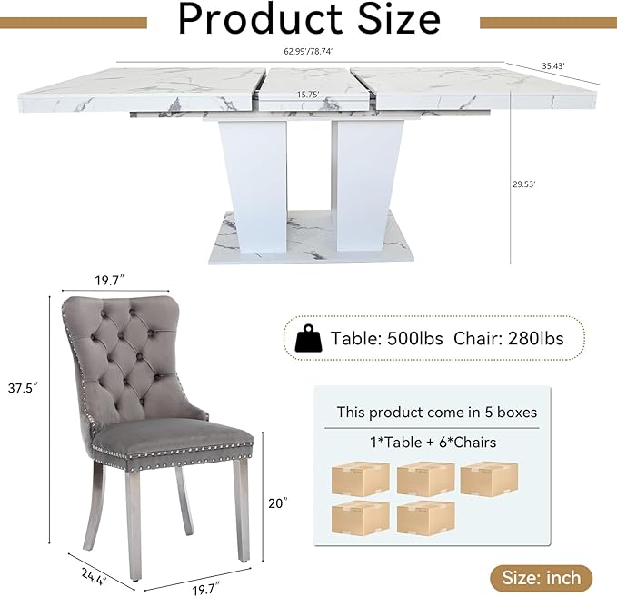 Goujxcy 7-Piece Extendable Dining Table Set for 6-8 People 63"-78.7" Kitchen Table Set with 6 Grey Upholstered Chairs Modern White Faux Marble Rectangular Dining Room Table Set for Kitchen Apartment