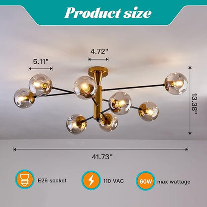 hesoge 8 Light Sputnik Semi Flush Mount Ceiling Light Fixture Mid Century Modern Chandelier with Glass Globe Black Gold Ceiling Lighting for Dinning Room Farmhouse Kitchen Bedroom Living Room