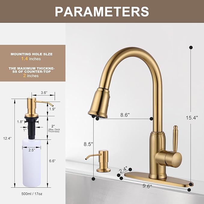 Gold Kitchen Faucet with Soap Dispenser, WOWOW Stainless Steel Kitchen Faucet for Sink 2 or 4 Hole, High Arc Vintage Kitchen Sink Faucet with Pull Down Sprayer