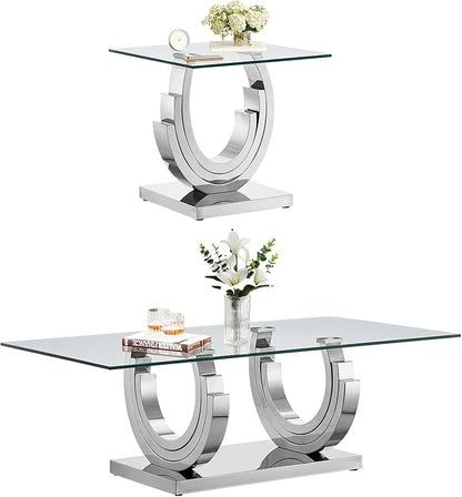 Glass Living Room Table Set of 2, Modern Glass Coffee Table with 1 End Tables Set for Apartment, Luxury Coffee Table Sets Perfect for Living Room, Stainless Steel Frame