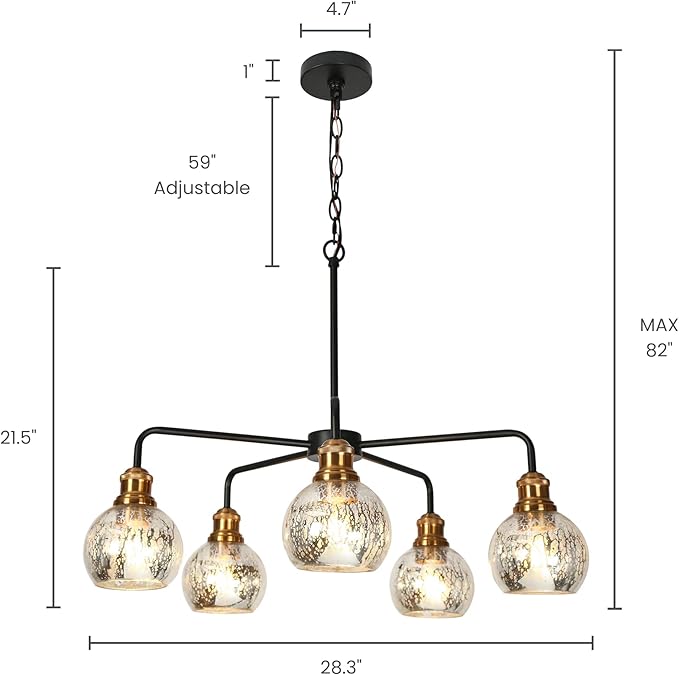 KSANA 5 Light Kitchen Island Lighting, Mid-Century Modern Dining Room Chandeliers Black Gold Chandelier Light Fixture with Globe Mercury Glass for Living Room, Kitchen, Bedroom, Hallway, 28.3" W