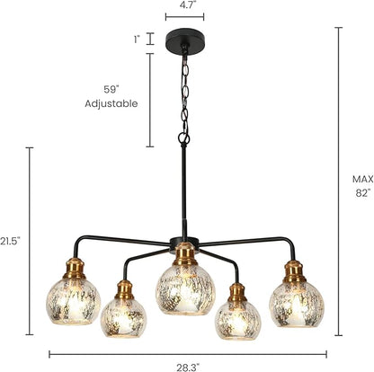 KSANA 5 Light Kitchen Island Lighting, Mid-Century Modern Dining Room Chandeliers Black Gold Chandelier Light Fixture with Globe Mercury Glass for Living Room, Kitchen, Bedroom, Hallway, 28.3" W