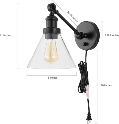 JONATHAN Y 8" Oil Rubbed Bronze Adjustable LED Wall Sconce, Plug-in Wall Lamp with Dimmer Switch, Clear Glass Shade for Bedroom Living Room Kitchen, LED Bulb Included (JYL7575A-SET2)