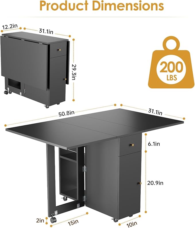 LotFun Folding Dining Table, Space Saving Table with 6 Wheels, Movable Kitchen Dining Table for Small Spaces, Drawer and 2-Tier Storage Racks