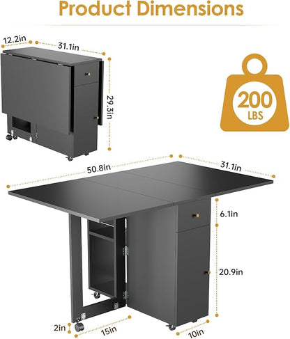 LotFun Folding Dining Table, Space Saving Table with 6 Wheels, Movable Kitchen Dining Table for Small Spaces, Drawer and 2-Tier Storage Racks