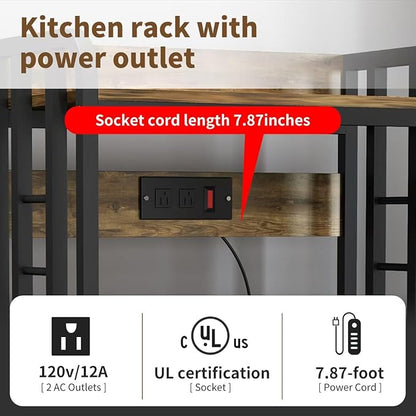 SIREDEEP Bakers Rack with Power Outlet ，4-Tier Kitchen Baker's Rack,Microwave Stand with Storage Suitable for Kitchen, Living Room, Dinning Room，Coffee Bar(Rustic Brown)