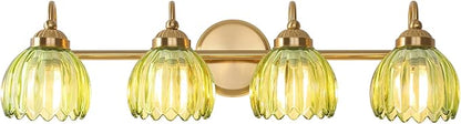 Vintage Bathroom Light Fixtures, Brass Vanity Lights with Green Tulip Glass Shade, Vanity Sconces for Bathroom Bedroom Living Room Hallway, 4-Light