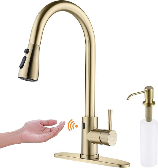 Touchless Faucet with Pull Down Sprayer, Motion Sensor & Soap Dispenser - Single High Arc Pull Out Faucet for Kitchen Sink, RV, Gold