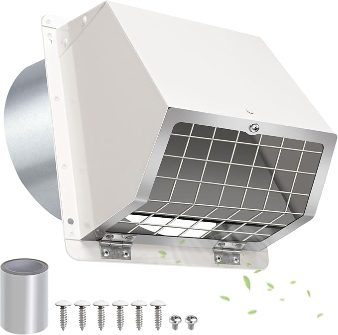 6 Inch Hooded Wall Vent with Flap and Mesh,6 inch Dryer Vent Cover,6''Exhaust Vent Cover Cap for Kitchen Range Hood/Dryer/Bathroom Exhaust Duct,Wall Mount Exterior Vent Hood Outdoor with Large Opening