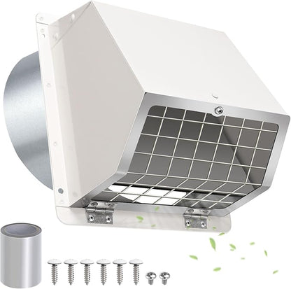 6 Inch Hooded Wall Vent with Flap and Mesh,6 inch Dryer Vent Cover,6''Exhaust Vent Cover Cap for Kitchen Range Hood/Dryer/Bathroom Exhaust Duct,Wall Mount Exterior Vent Hood Outdoor with Large Opening