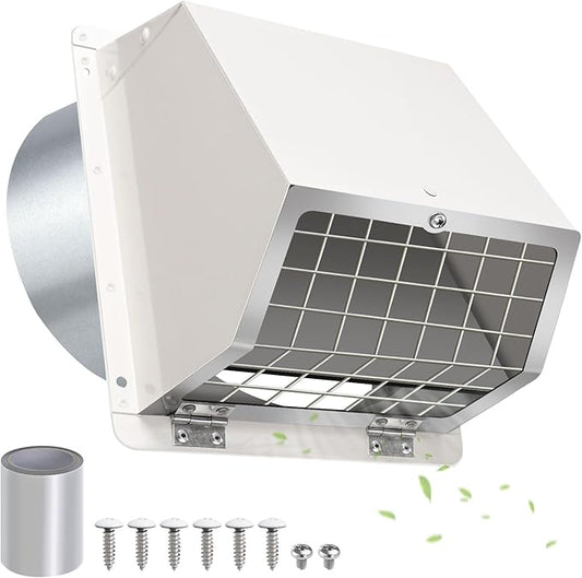 6 Inch Hooded Wall Vent with Flap and Mesh,6 inch Dryer Vent Cover,6''Exhaust Vent Cover Cap for Kitchen Range Hood/Dryer/Bathroom Exhaust Duct,Wall Mount Exterior Vent Hood Outdoor with Large Opening