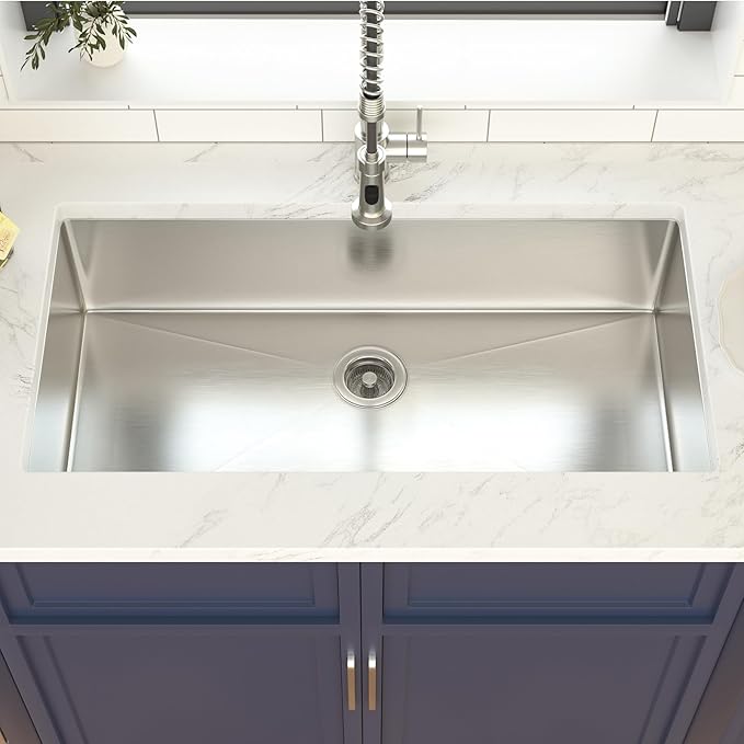 36 Inch Undermount Kitchen Sink 16 Gague Stainless Steel Single Bowl Handmade Sinks Round Corners Large Deep Under Counter Basin, 36"x19"x9"