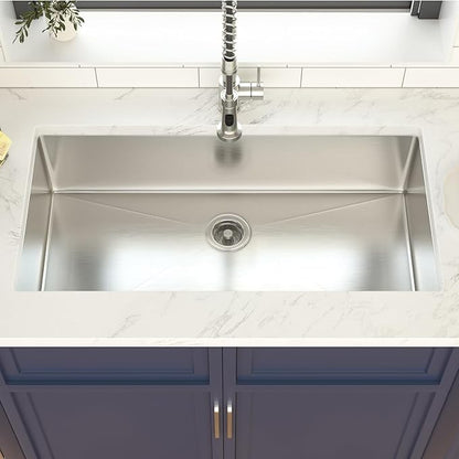 36 Inch Undermount Kitchen Sink 16 Gague Stainless Steel Single Bowl Handmade Sinks Round Corners Large Deep Under Counter Basin, 36"x19"x9"