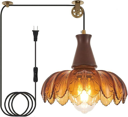 YLONG-ZS Plug in Pendant Light,Hanging Light Plug in Vintage Flower Glass Walnut Wood Pendant Light, Modern Gold Pulley Hanging Lamp for Kitchen Island, Bedroom, Dining Room, Living Room，Corner