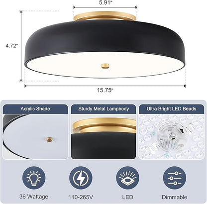 Dimmable LED Ceiling Light, Black and Gold Light Fixture, Mid-Century Semi Flush Mount Ceiling Light 5CCT 2700K-6000K Ceiling Lamp for Laundry Room Kitchen, Bedroom, Hallway(15.8in)