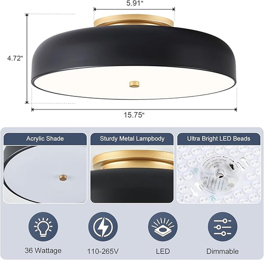 Dimmable LED Ceiling Light, Black and Gold Light Fixture, Mid-Century Semi Flush Mount Ceiling Light 5CCT 2700K-6000K Ceiling Lamp for Laundry Room Kitchen, Bedroom, Hallway(15.8in)